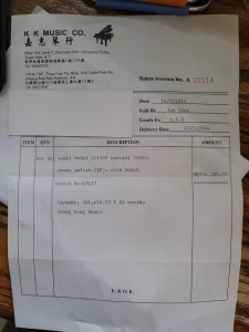 形樂鋼琴調音維修 Kata Music Piano Tuning In Hong Kong &Bull; Asahi Receipt 1
